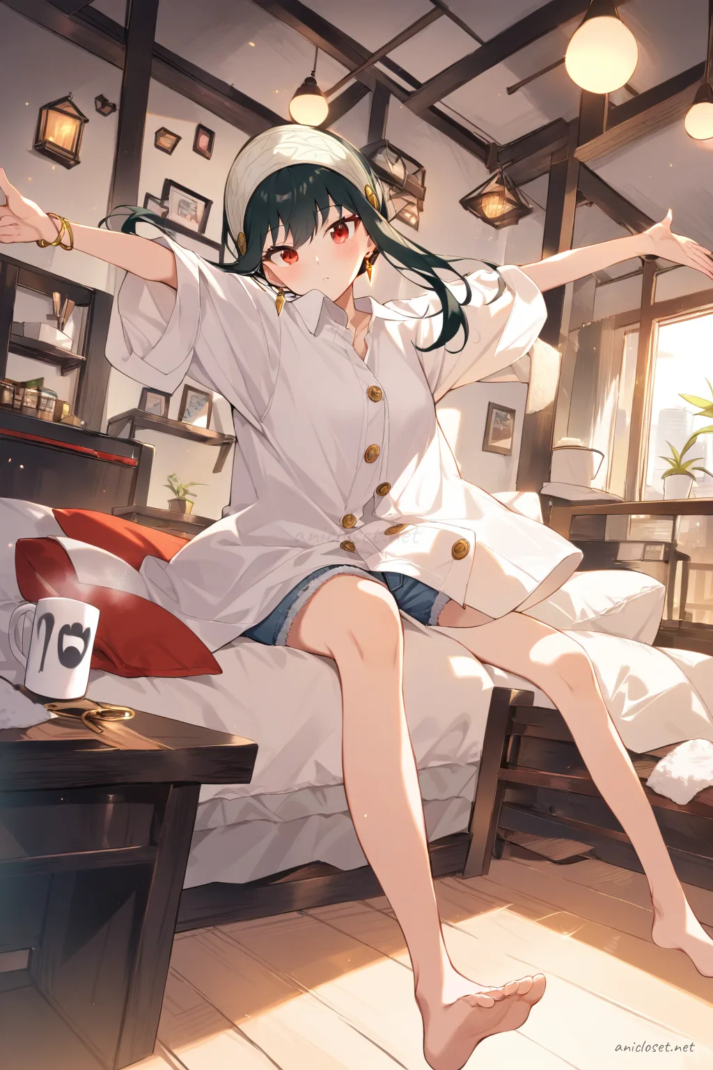Yor Forger brushing hair at vanity mirror wearing oversized white button-up shirt and light denim shorts with towel turban in soft sunrise light