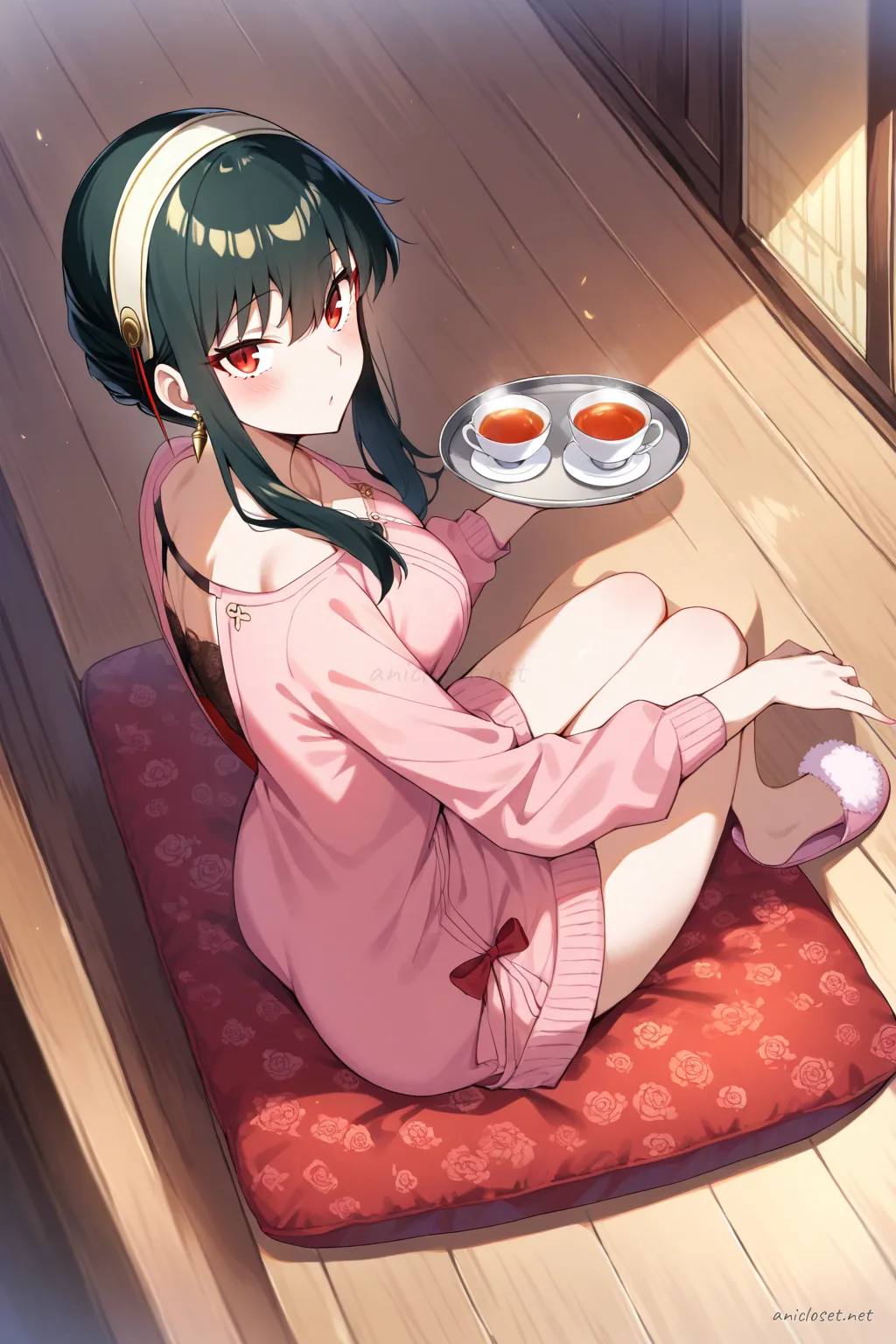 Full body front view of Yor Forger in soft pink knit lounge dress with ribbon waist bow and lace hem, wearing fluffy pink slippers, holding tea tray in bedroom with hanging clothes and string lights