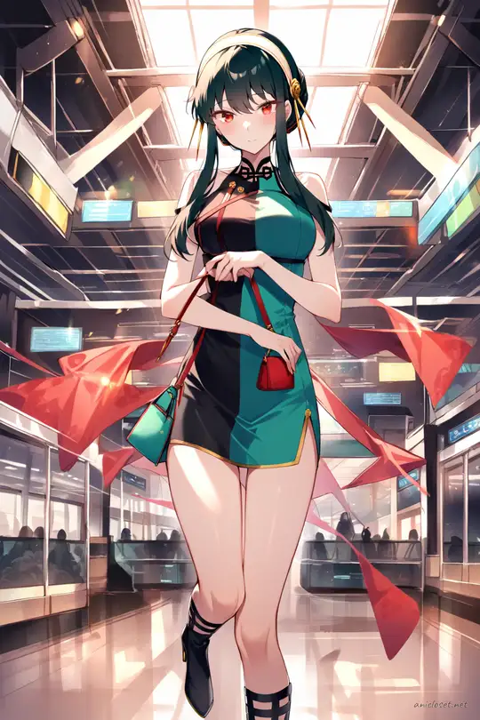 Illustration of Yor Forger in a modern short teal qipao dress with mandarin collar and side slits, black high heels, and holding a small cute handbag, front cowboy shot