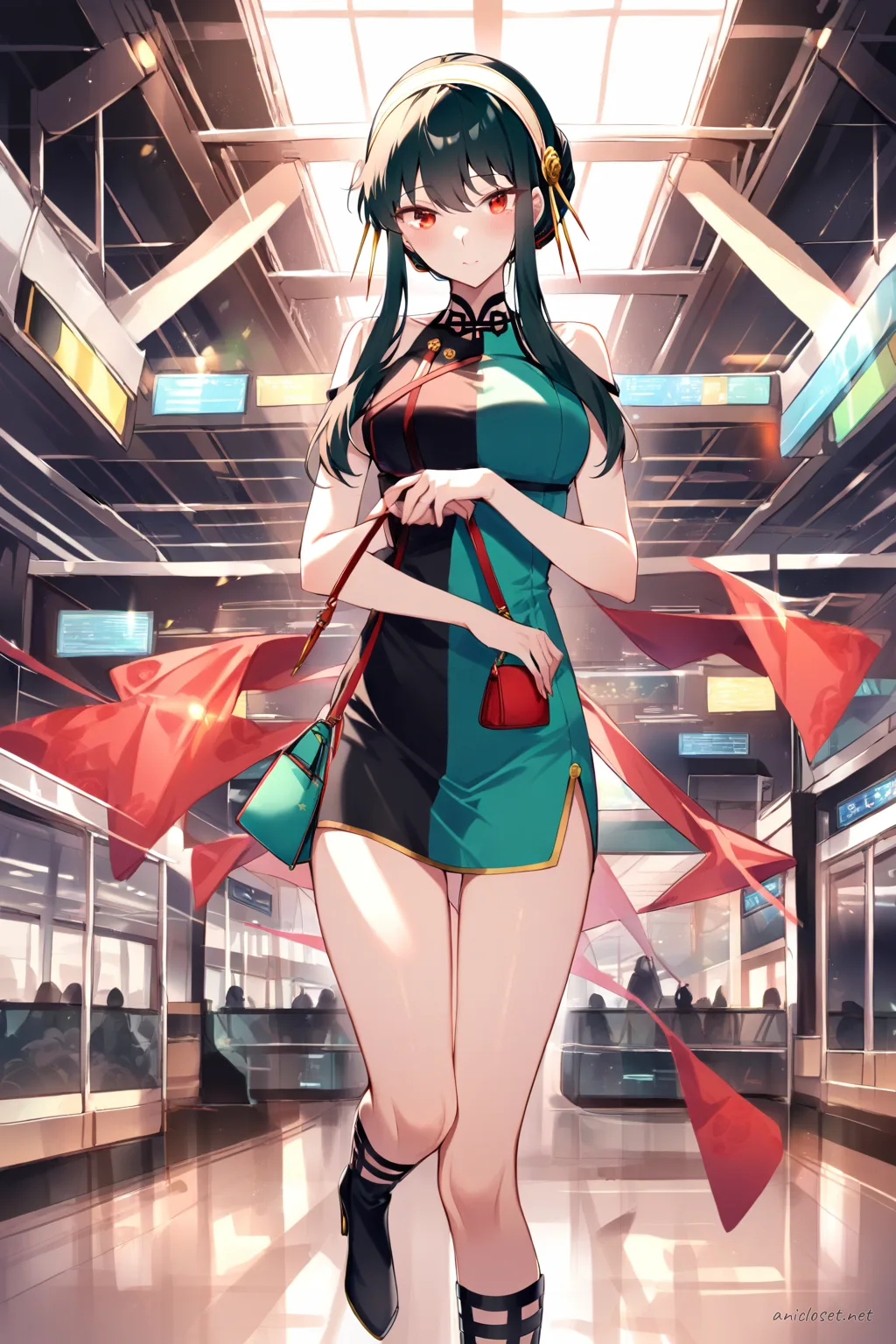 Illustration of Yor Forger in a modern short teal qipao dress with mandarin collar and side slits, black high heels, and holding a small cute handbag, front cowboy shot