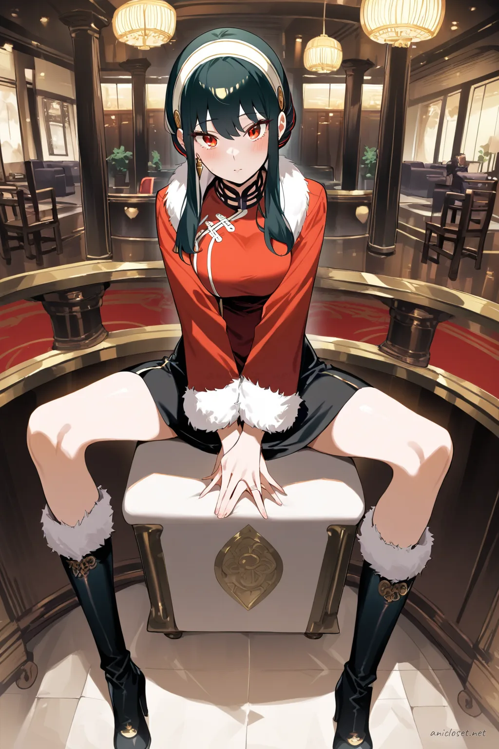 Yor Forger wearing a winter qipao with a cropped fur-trim jacket and knee-high boots