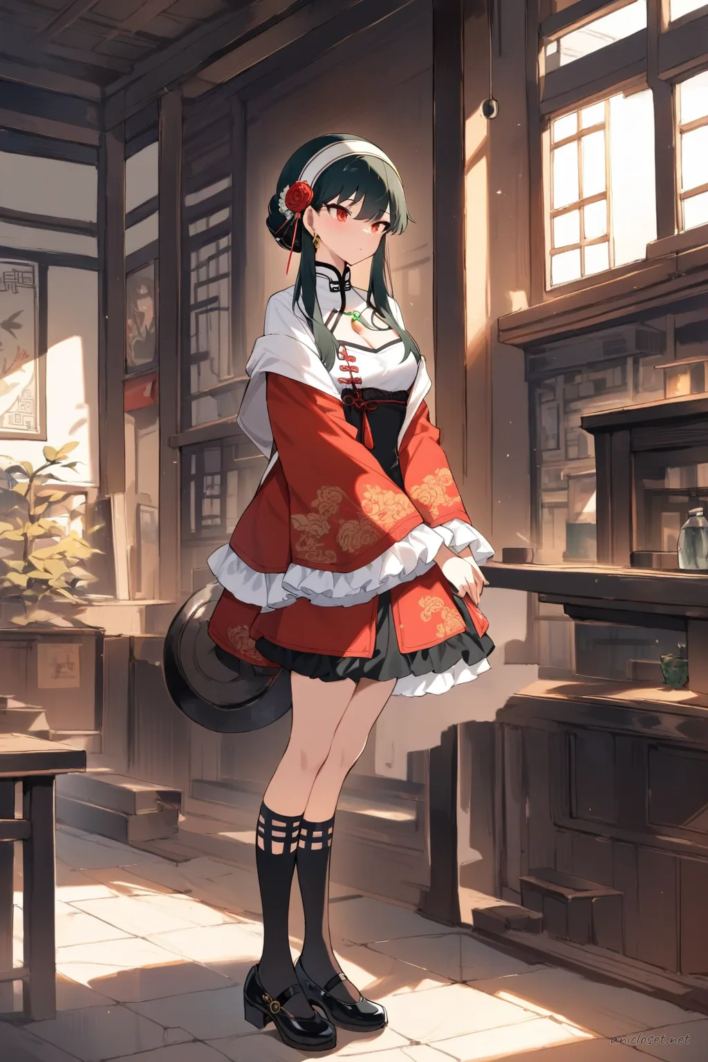 Illustration of Yor Forger wearing a qi-Lolita hybrid China dress with high collar, frilled hem, jade charm necklace, puff sleeves, knee socks, and Mary Janes