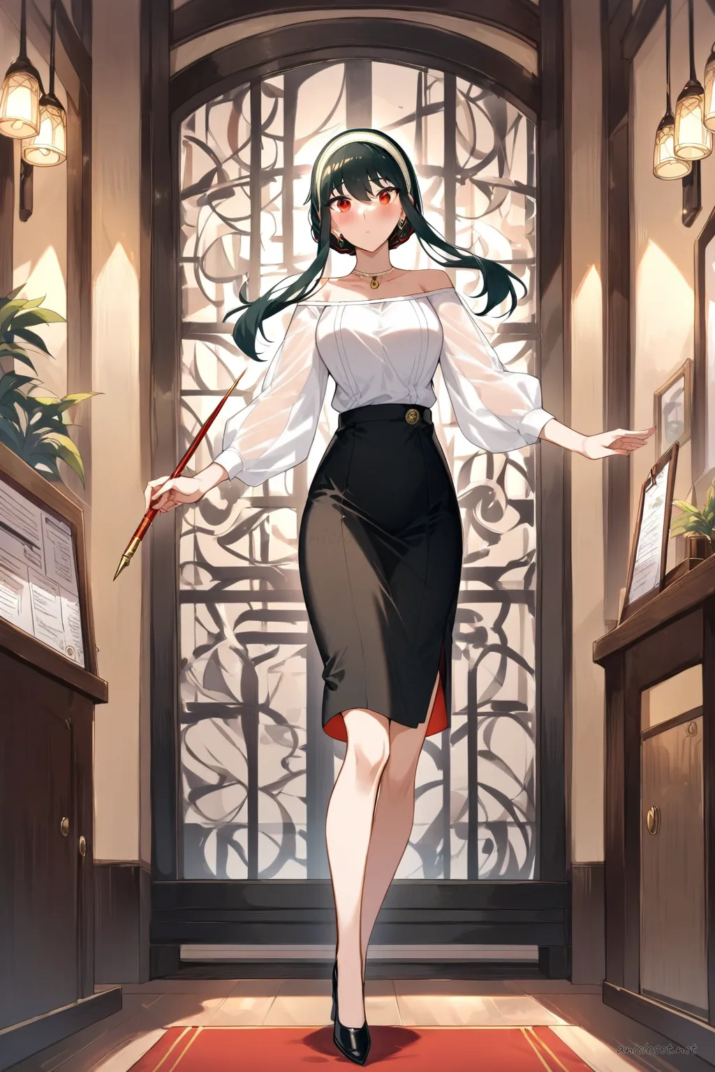 Full body illustration of Yor Forger in a white blouse with sheer sleeves tucked into a black midi pencil skirt, black pumps, holding a clipboard in a bright conference room