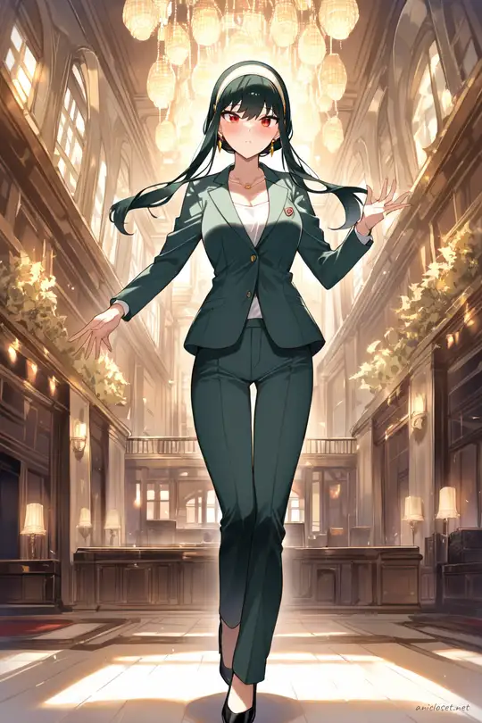 Illustration of Yor Forger in a grey check pantsuit with fitted blazer and silk camisole, walking outside a glass building entrance wearing black heels