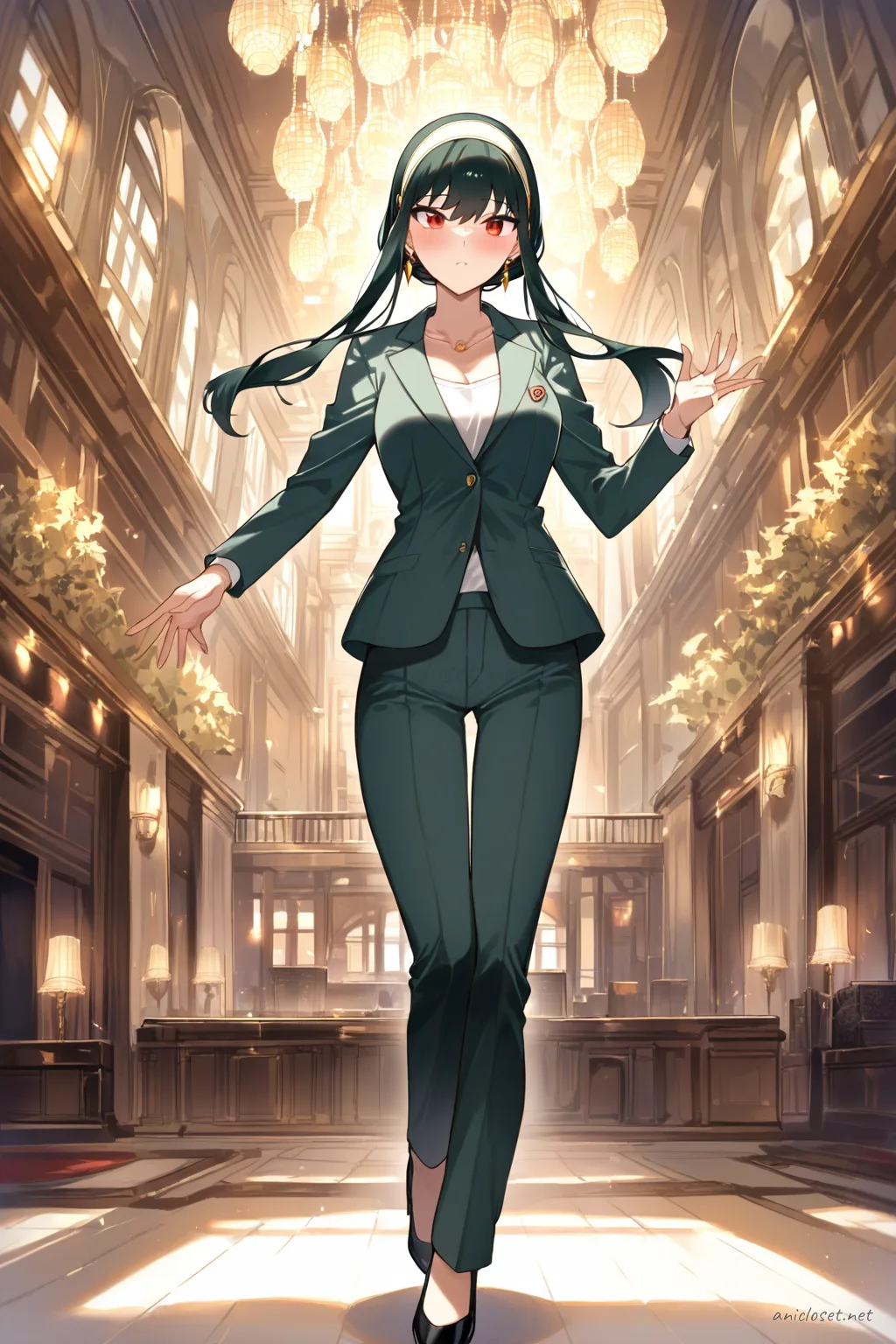 Illustration of Yor Forger in a grey check pantsuit with fitted blazer and silk camisole, walking outside a glass building entrance wearing black heels