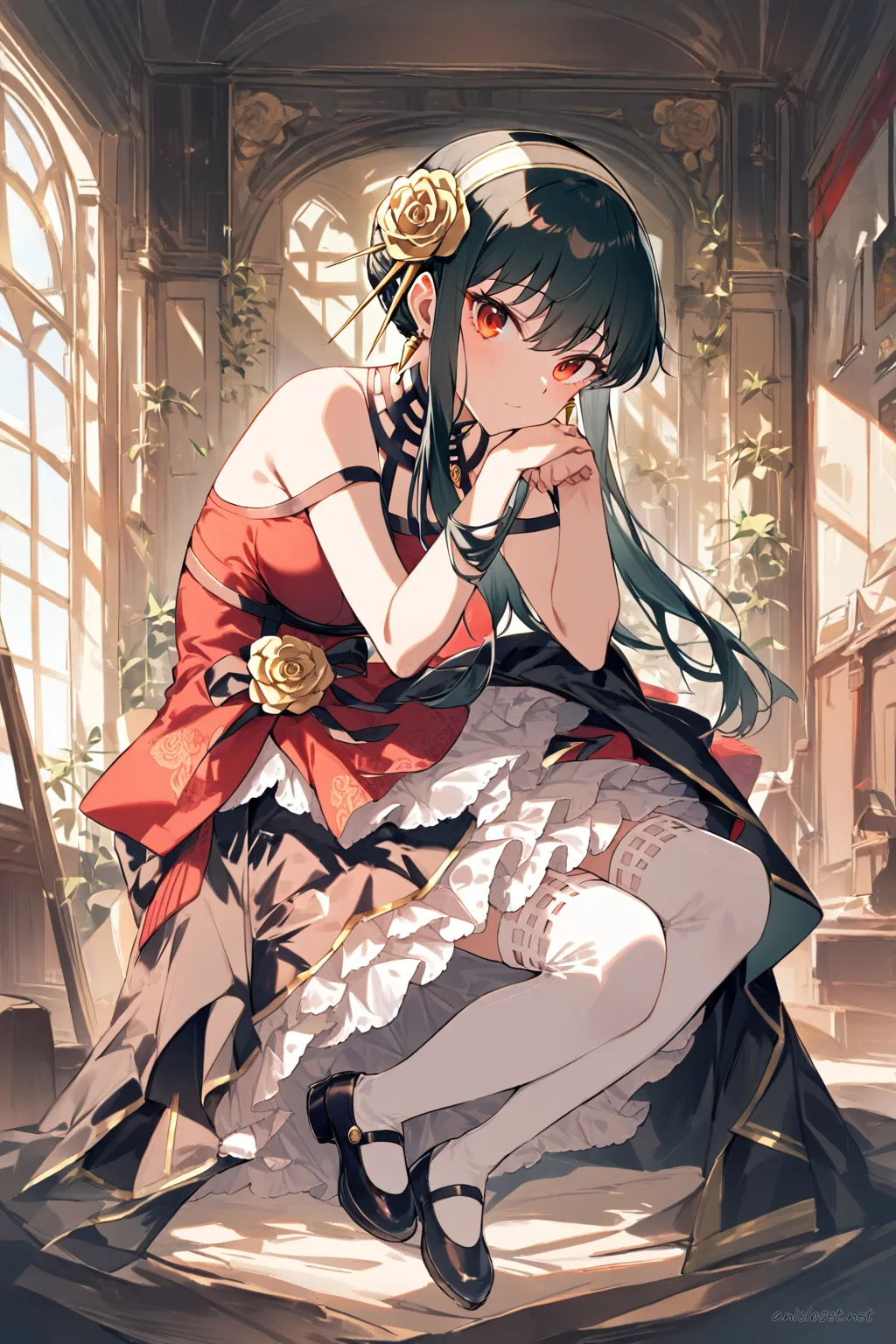 Full-body three-quarter view of Yor Forger wearing a frilly idol mini dress with layered skirt, stage bow, white thighhigh socks with ribbon tops, and mary janes