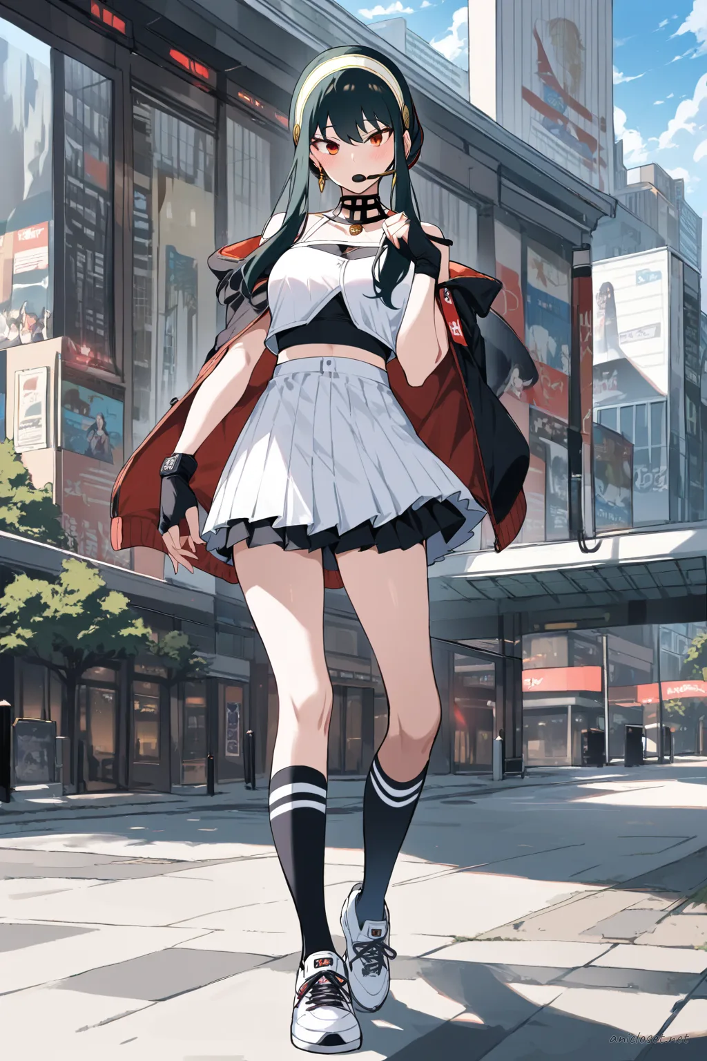Full body front view of Yor Forger in sporty idol costume with crop top, pleated mini skirt, fingerless gloves, knee-high socks, sneakers, and headset microphone