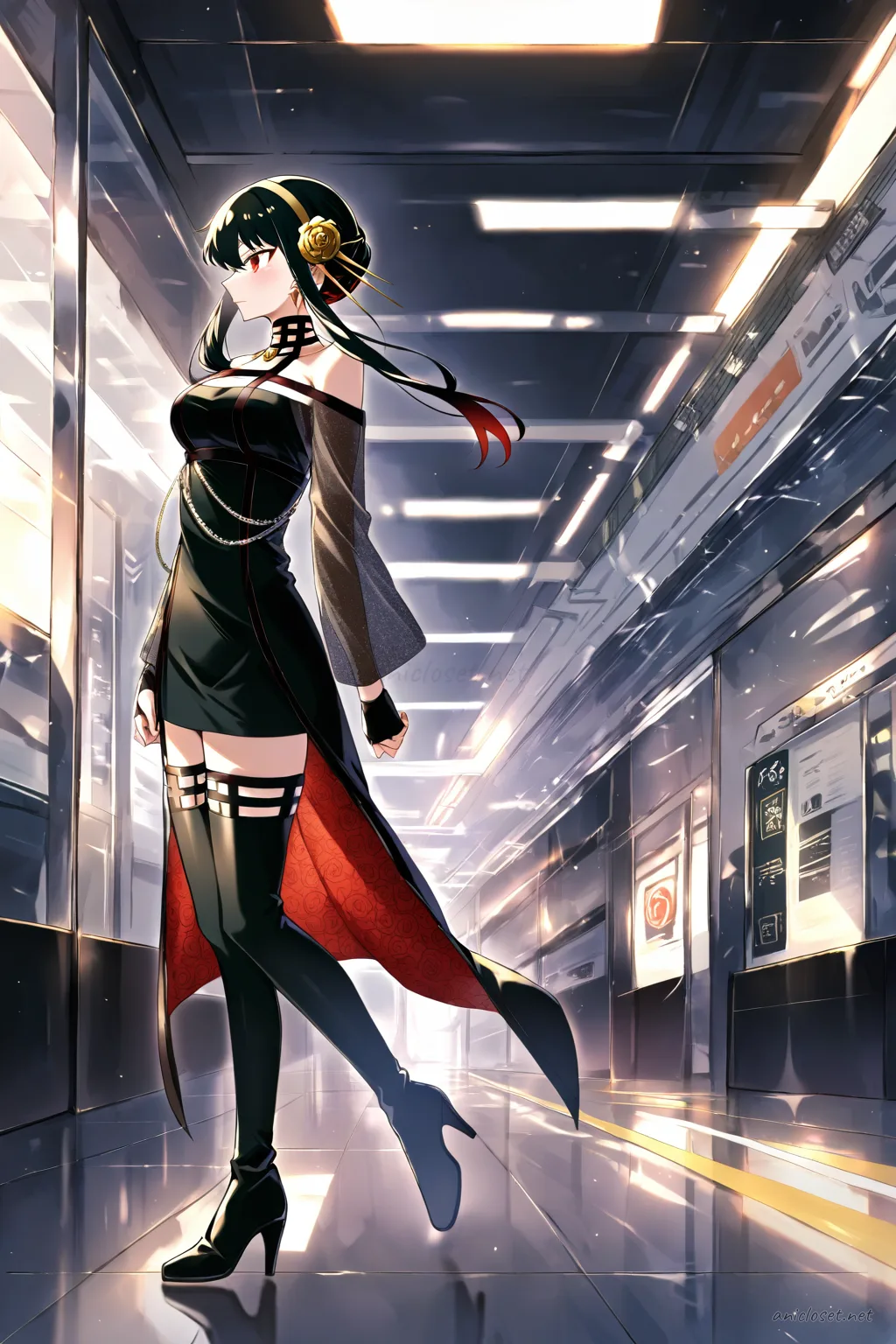 Illustration of Yor Forger in a black sequin mini dress with sheer long sleeves, fingerless gloves, thigh-high boots, and silver chain belt in three-quarter view