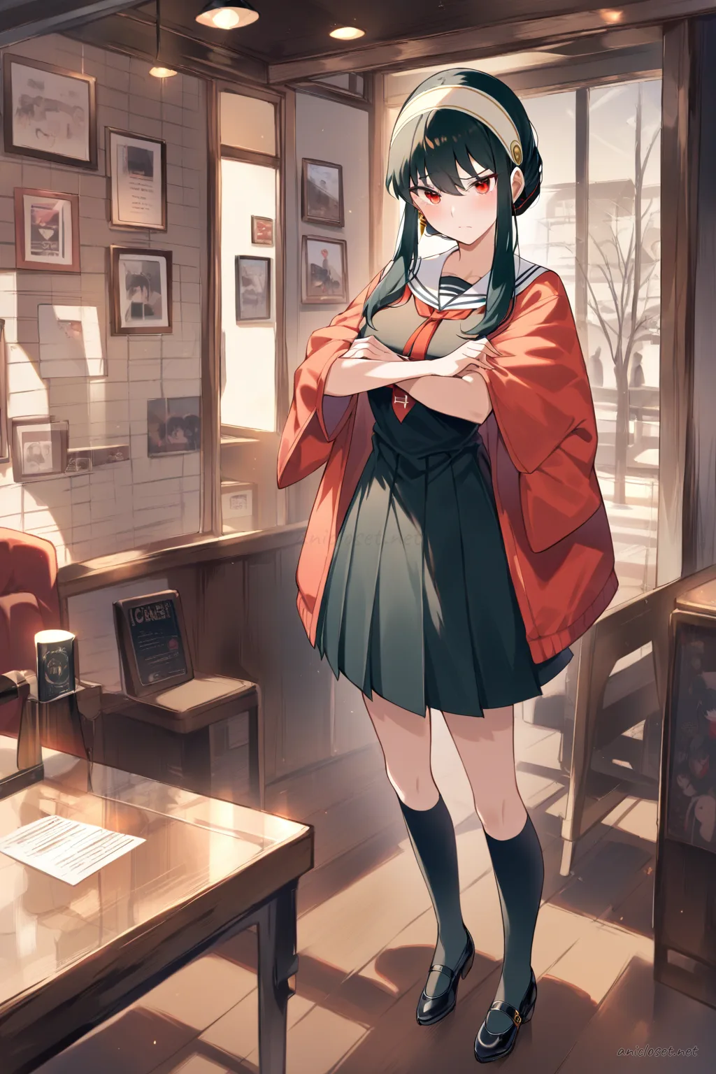Full body illustration of Yor Forger in school-idol inspired stage costume with pleated mini skirt, sailor collar blouse, ribbon necktie, knee-high socks, and mary jane shoes, standing