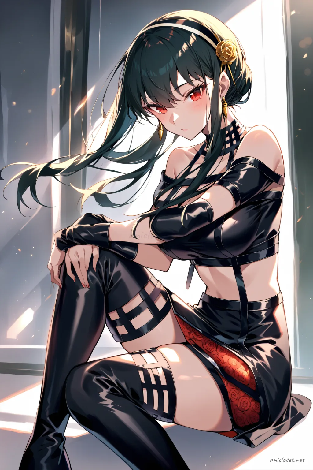 Knee-up half-body illustration of Yor Forger in a futuristic idol outfit with glossy panels, ribbon choker, metallic arm cuffs, and thigh-high boots under soft studio lighting