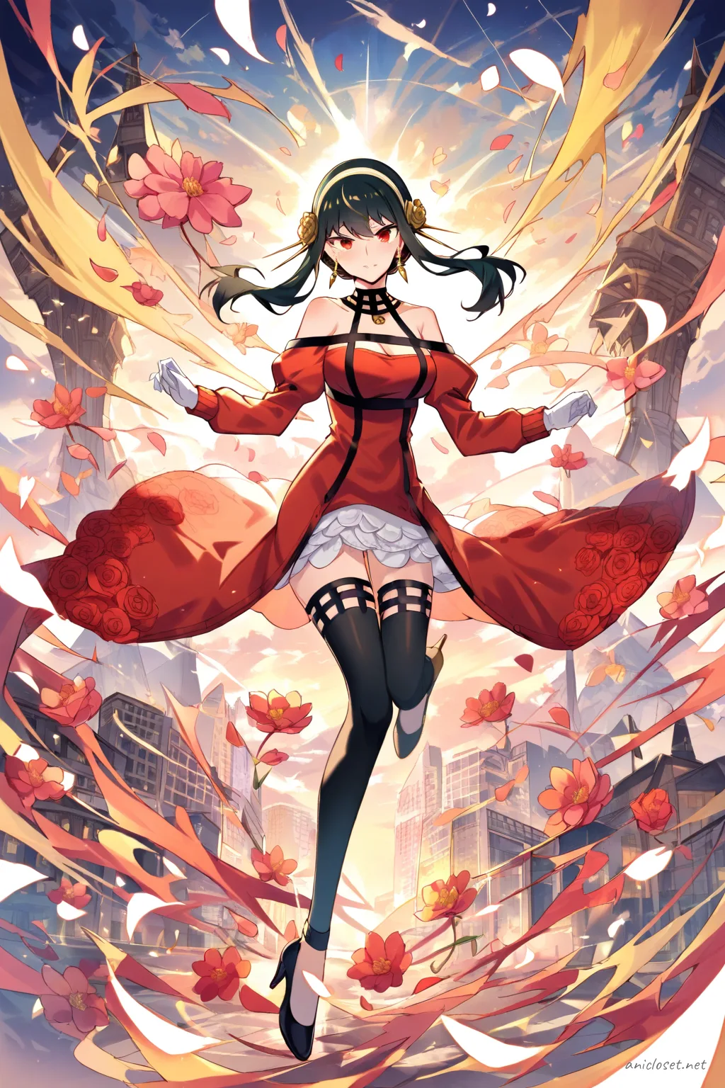 Illustration of Yor Forger wearing a flower motif idol dress with layered petal skirt, puff sleeves, ribbon belt, white gloves, and ankle strap heels