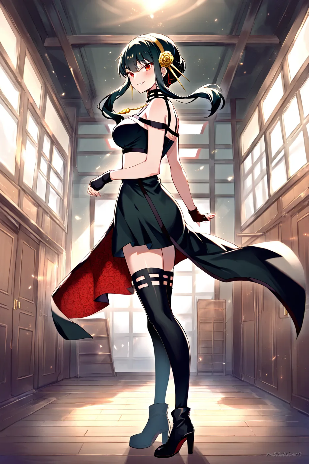 Full body three-quarter view illustration of Yor Forger in a matching crop top and pleated mini skirt with fingerless gloves, thigh-high stockings, platform ankle boots, and glittery arm cuffs