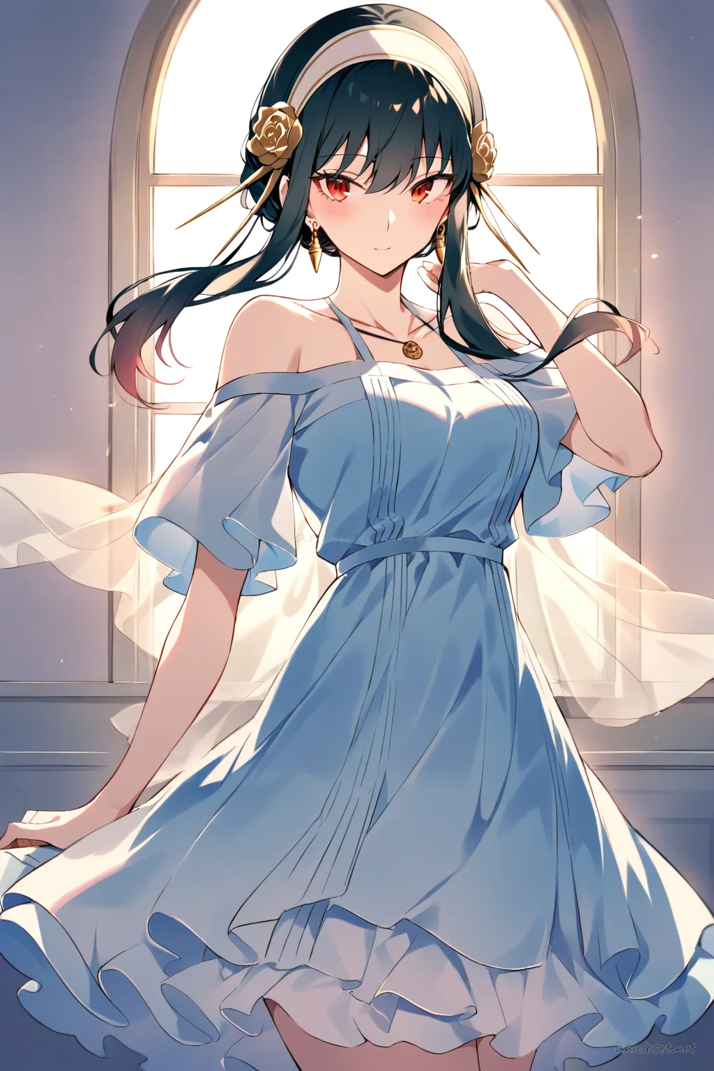 Yor Forger in pastel blue encore ballad midi dress with off-shoulder sleeves and hair ribbons, front cowboy shot