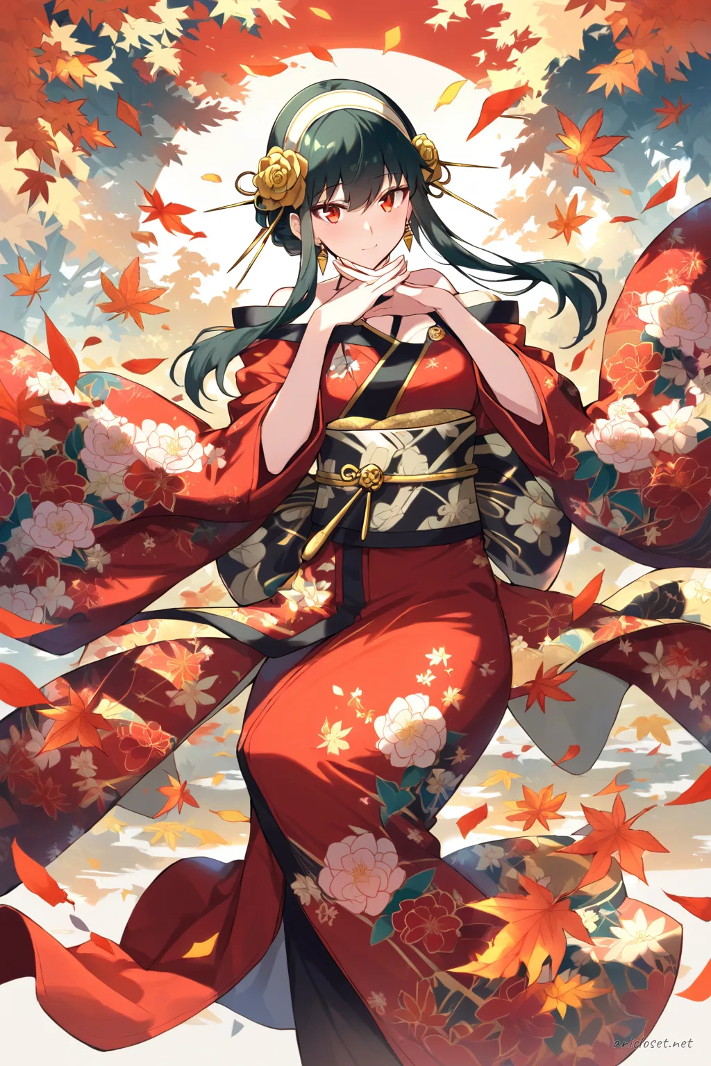 Illustration of Yor Forger wearing a bright furisode kimono with large floral patterns, oversized obi bow, and flower kanzashi