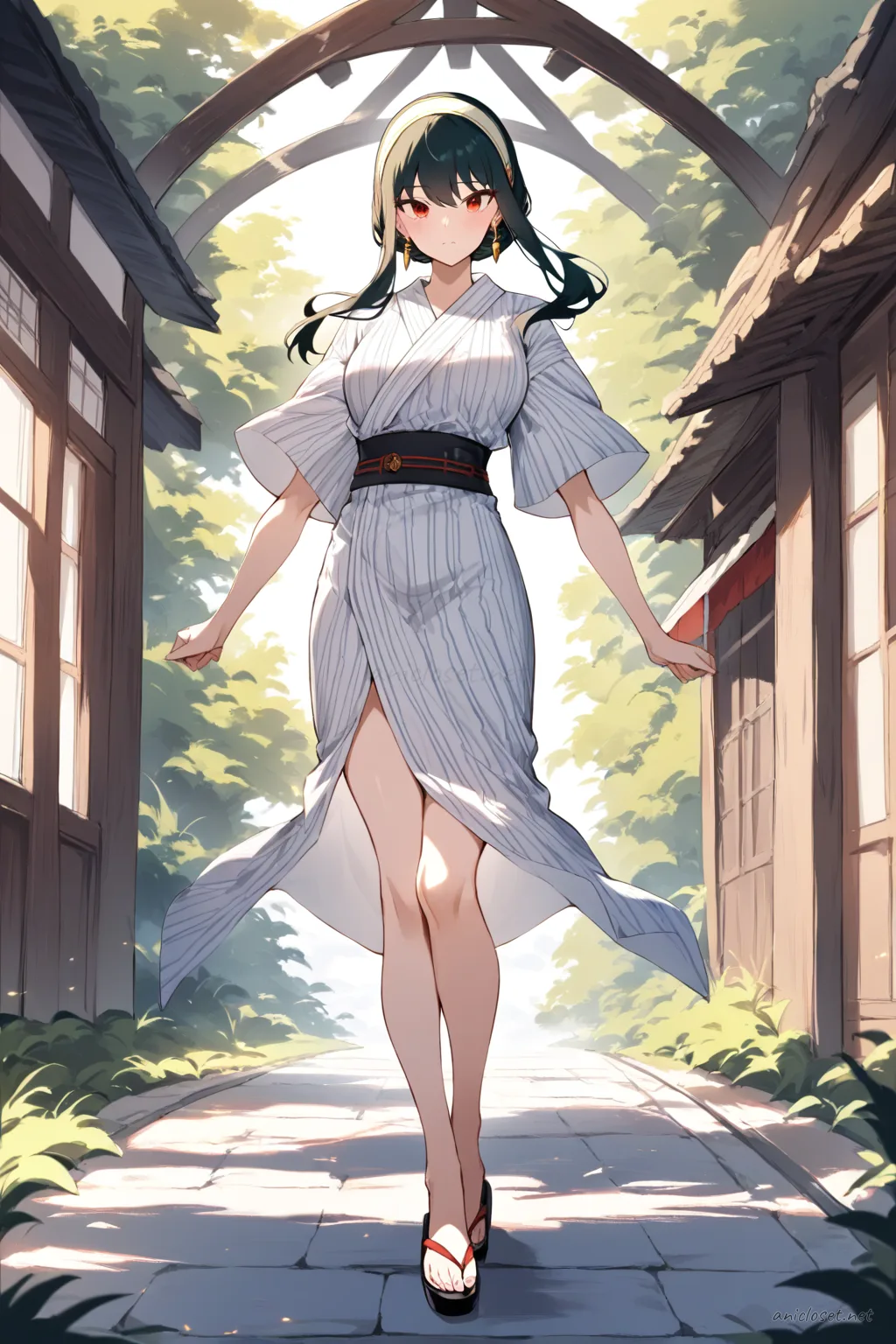 Full body front view of Yor Forger wearing a summer yukata with simple vertical stripes, obi belt, short sleeves, and geta sandals, bare legs visible