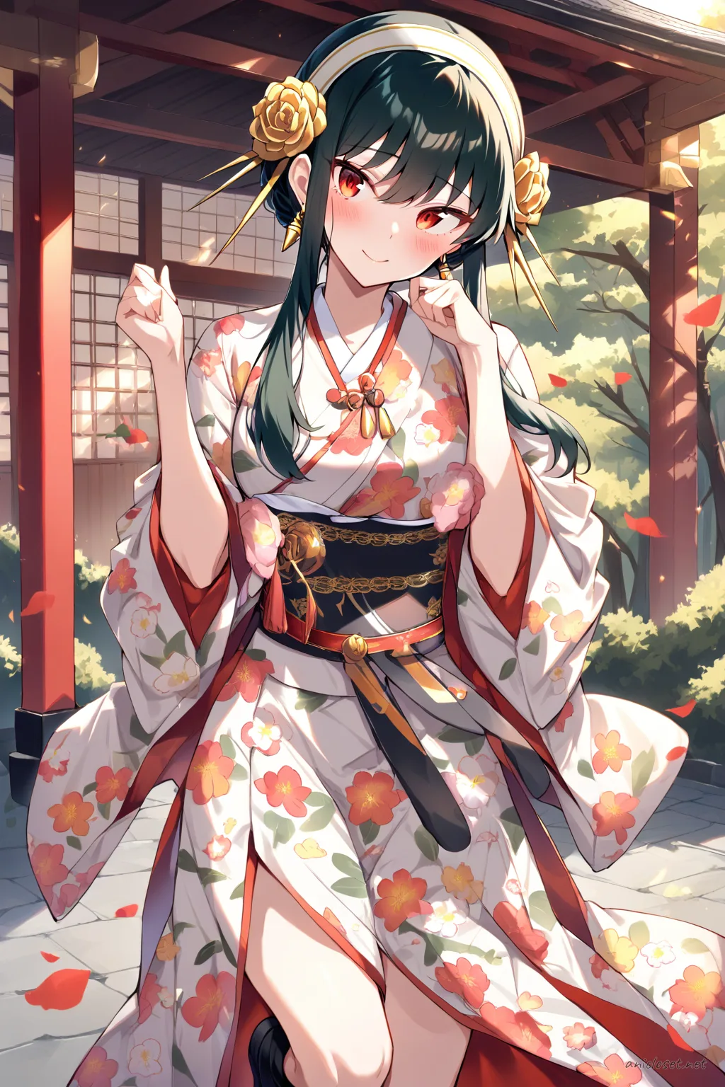Illustration of Yor Forger in a pastel floral kimono dress with a simplified obi belt and ankle boots, shown in a cowboy shot from the front