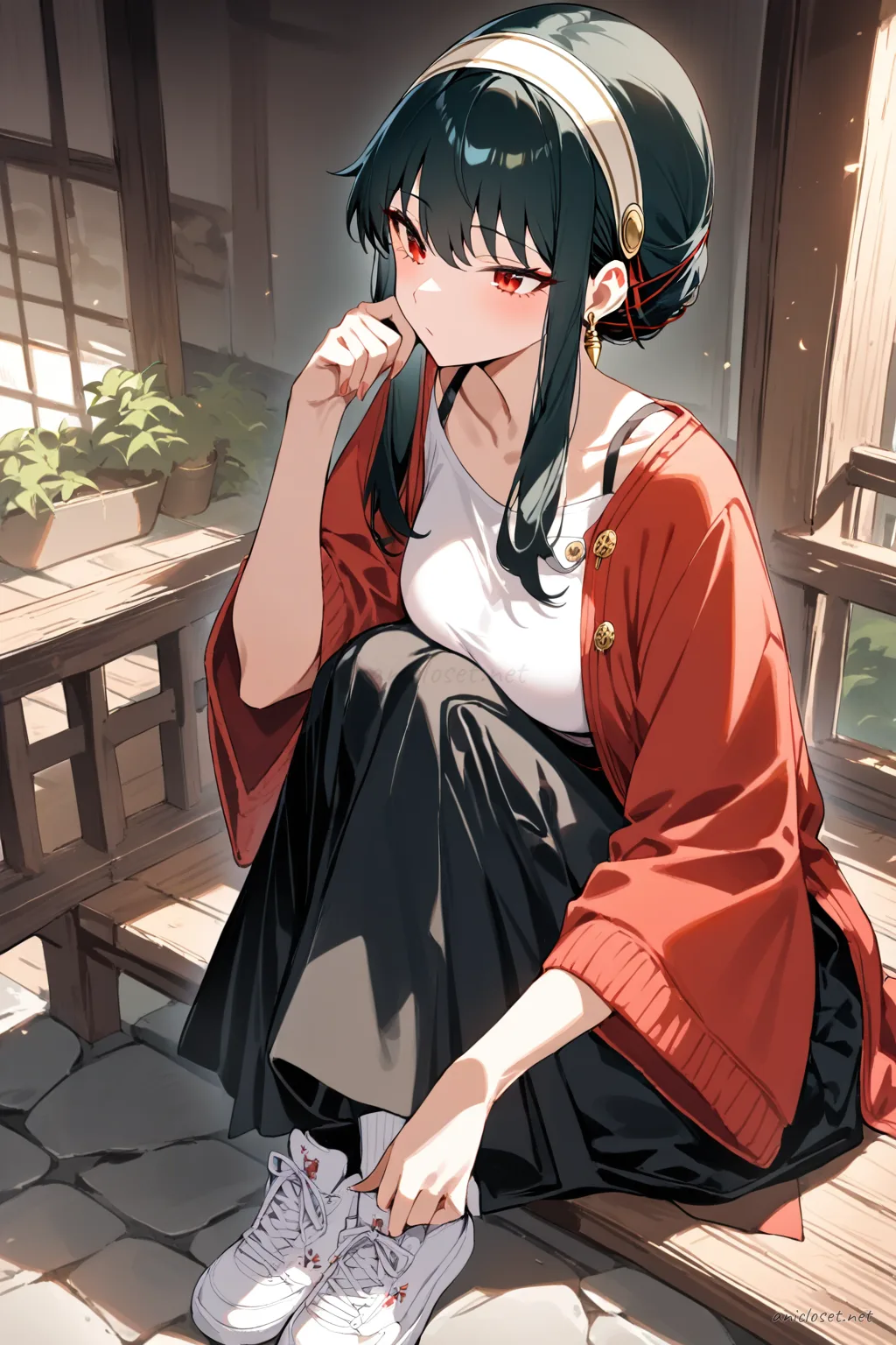 Full-body three-quarter view of Yor Forger wearing a cropped haori over fitted tank and high-slit hakama skirt with sneakers, mid-stride in soft daylight