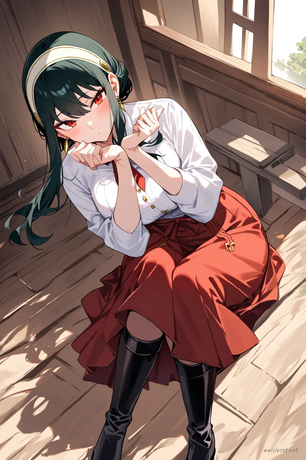 Illustration of Yor Forger wearing a wine-red hakama over a white blouse with gold buttons, riding boots, and a ribbon necktie