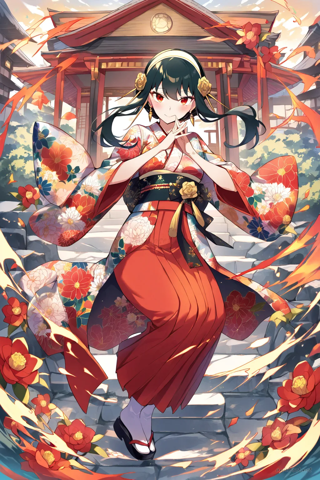 Illustration of Yor Forger wearing a colorful graduation hakama set over a floral patterned kimono with a wide obi belt and flower corsage