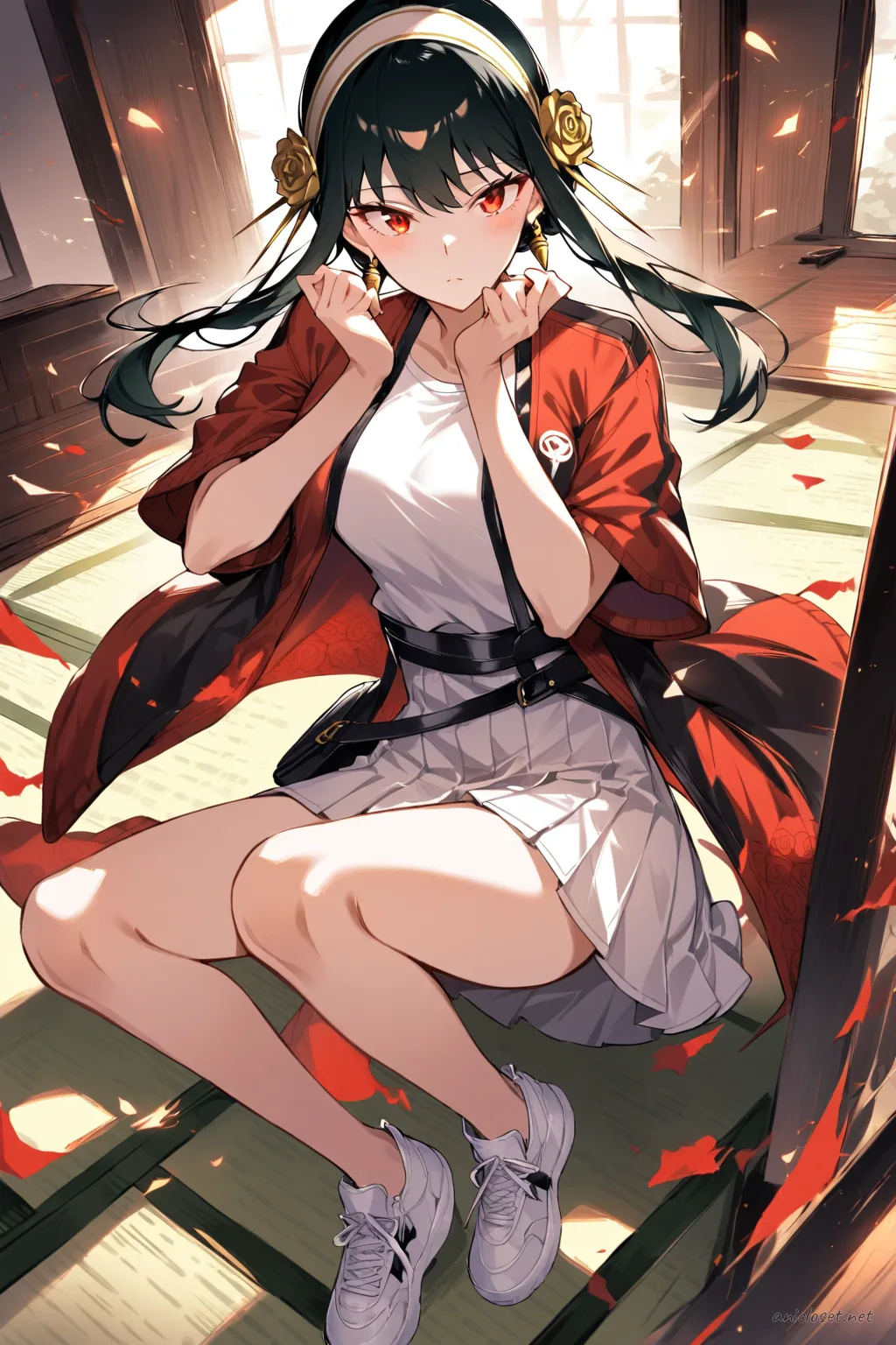 Illustration of Yor Forger wearing a streetwear kimono jacket over a white graphic tee and pleated skirt, accessorized with an obi belt bag and white sneakers