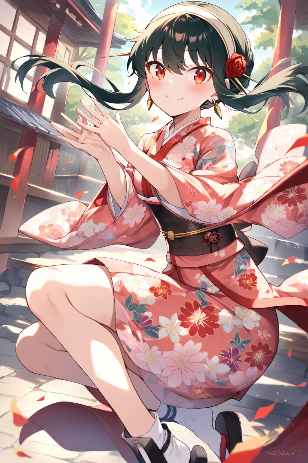 Illustration of Yor Forger wearing a soft tea-date komon kimono with pastel floral patterns, neat obi, cute floral hairpin, tabi socks, and zori sandals