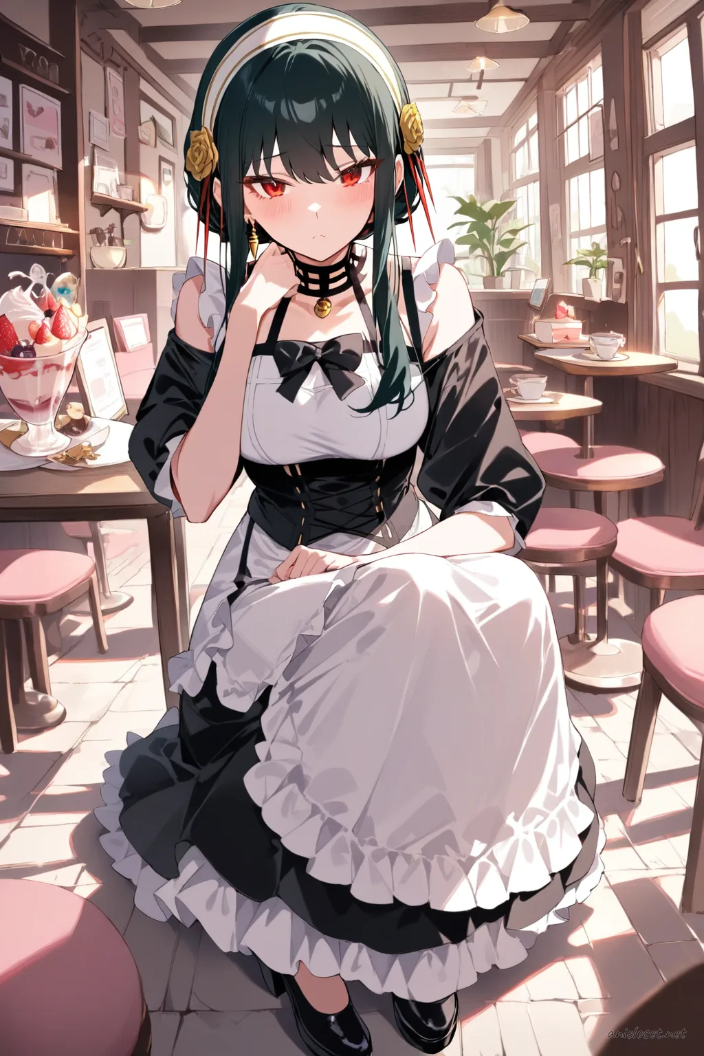 Full body illustration of Yor Forger in a gothic maid dress with black lace trim, layered knee-length skirt, cross-tie ribbon bodice, white apron, puff sleeves, and black platform shoes, standing