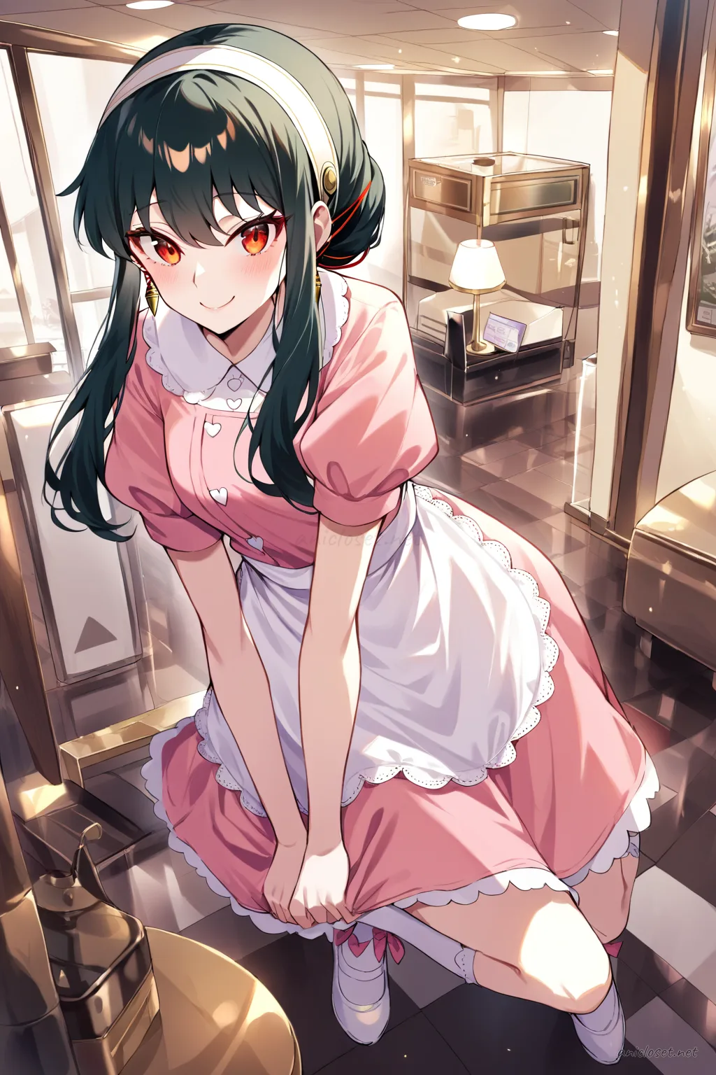 Illustration of Yor Forger in pastel pink maid dress with scalloped white apron and heart-shaped buttons