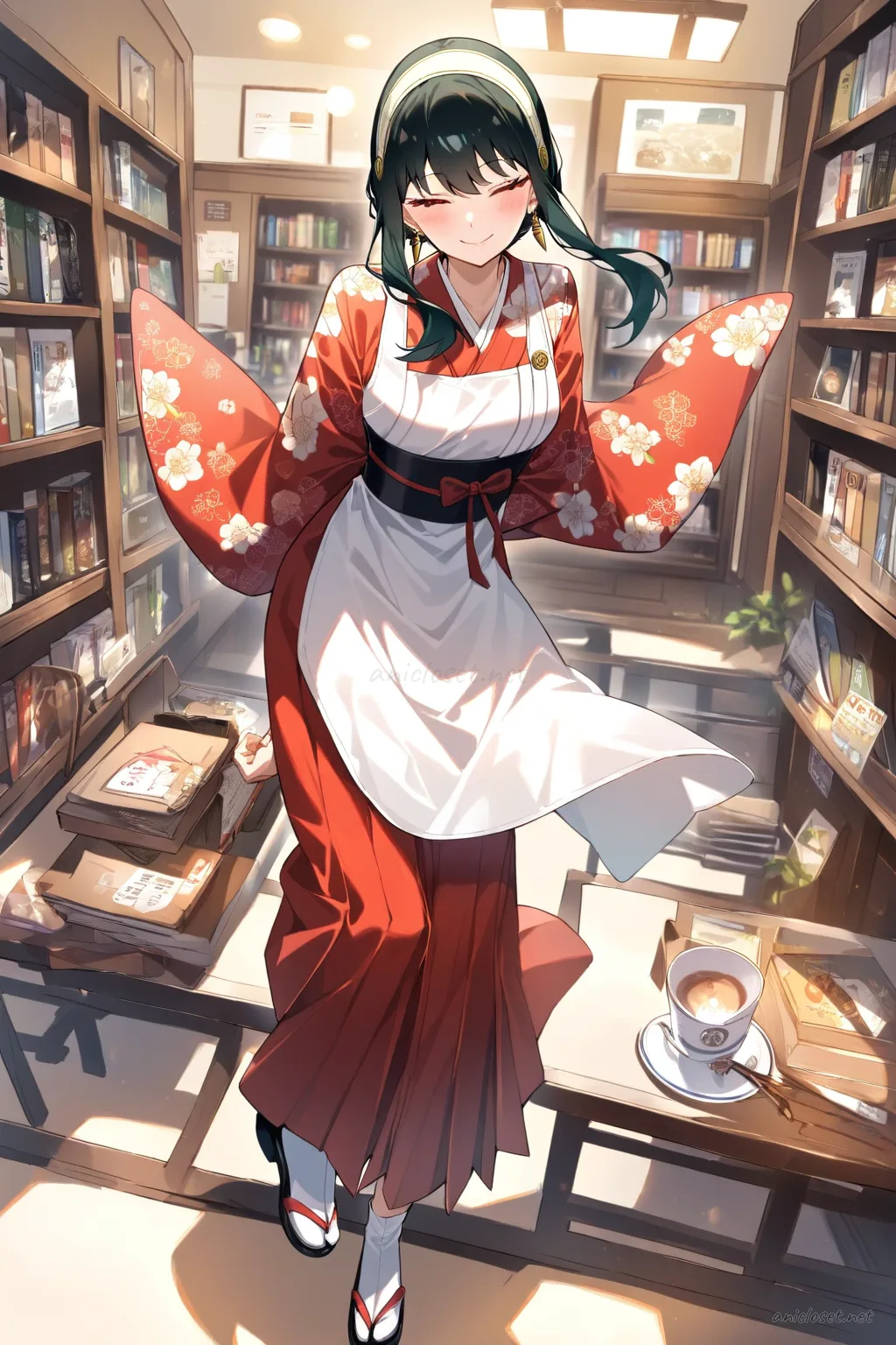 Illustration of Yor Forger in Maid look variant 07 wearing kimono sleeves, hakama-inspired skirt, white apron, and ribbon obi