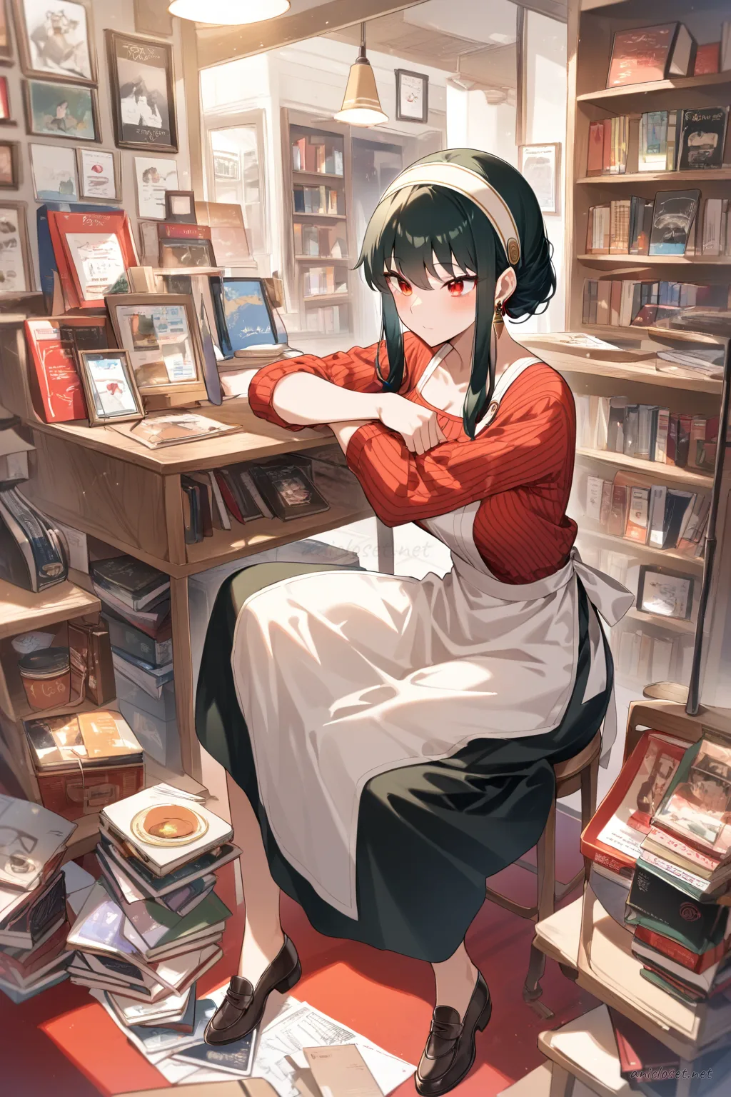Full-body three-quarter view illustration of Yor Forger wearing a bakery maid uniform with striped blouse, full apron, midi skirt, kerchief, and loafers