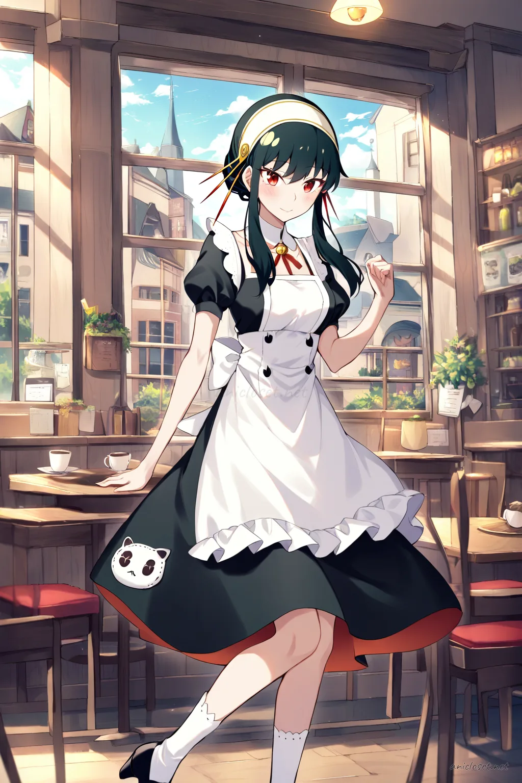 Yor Forger in a black cat-motif maid dress with white paw-print apron pockets and bell neck ribbon, front view cowboy shot