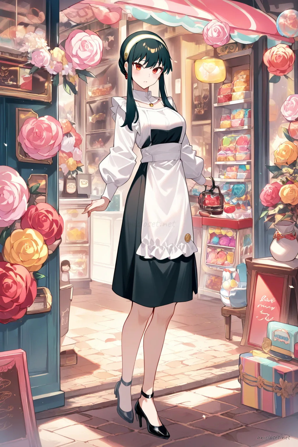 Full body front view of Yor Forger in a tailored black and white maid dress with white apron and low black heels