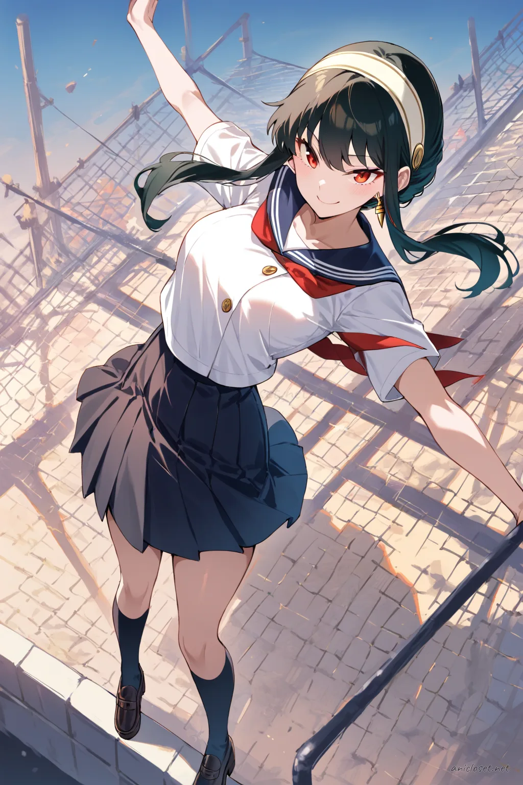 Illustration of Yor Forger wearing navy sailor fuku with red neckerchief and pleated skirt