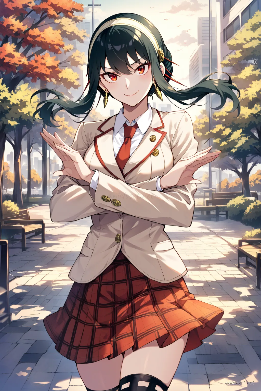 Yor Forger in beige blazer school uniform with necktie and plaid pleated skirt, black thighhigh socks with gap, front cowboy shot