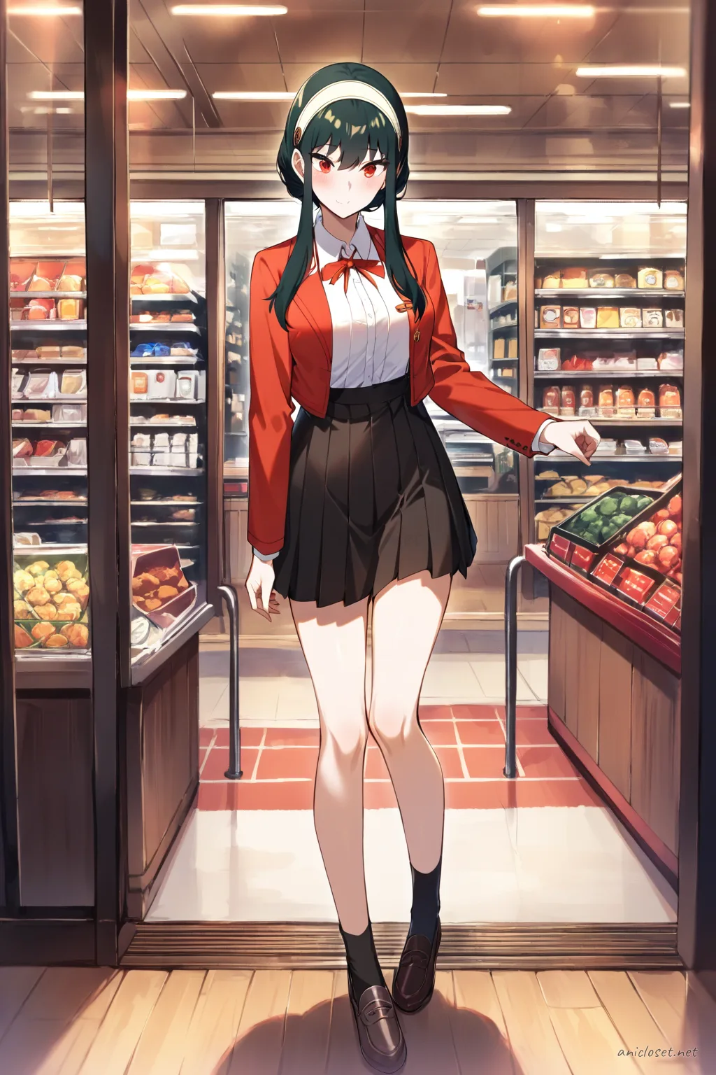 Knee-up half-body illustration of Yor Forger wearing a cherry-red short blazer, cropped white shirt, high-waist pleated mini skirt, ribbon necktie, and loafers in soft studio lighting