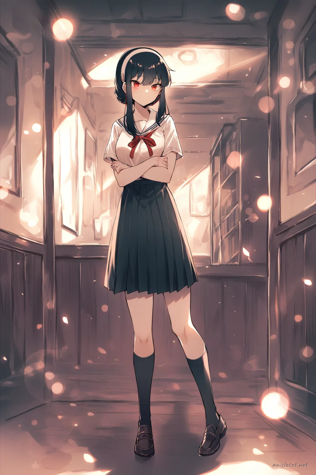 Full body front view illustration of Yor Forger wearing a summer sailor uniform with white collar, red ribbon, navy pleated skirt, knee socks, and loafers