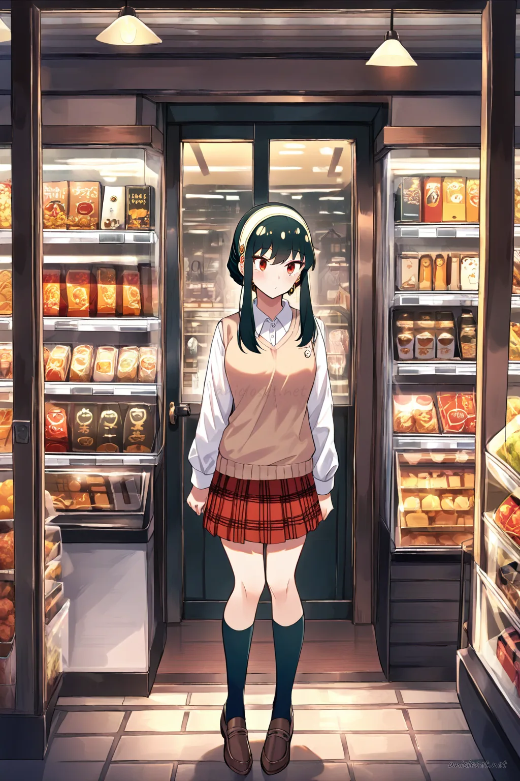 Full body illustration of Yor Forger standing in a school outfit with beige sweater vest, white shirt, plaid skirt, navy socks, and brown loafers