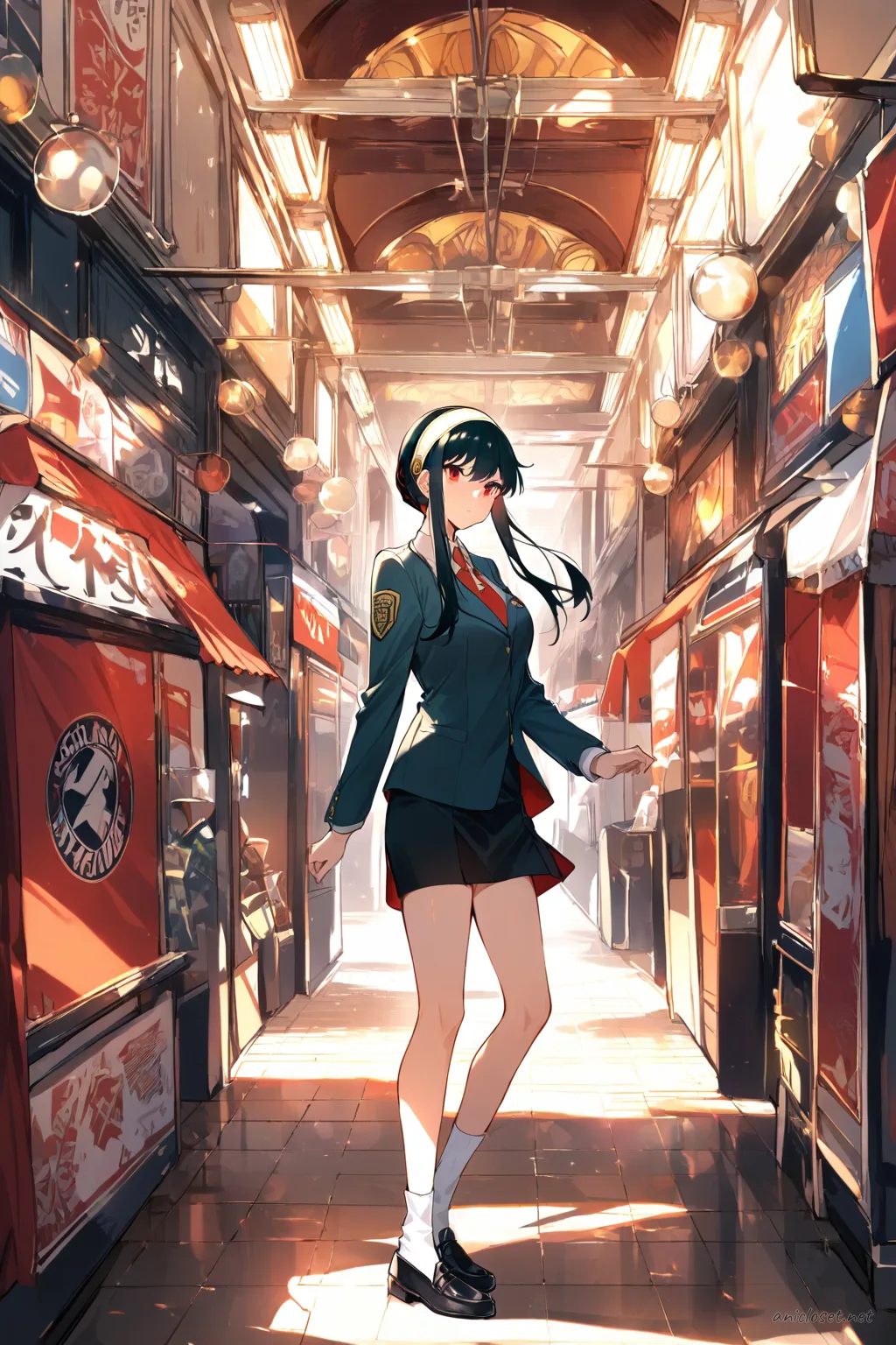 Full body illustration of Yor Forger wearing a navy private academy blazer with emblem, white blouse, red necktie, black pencil skirt, black loafers, and white ankle socks