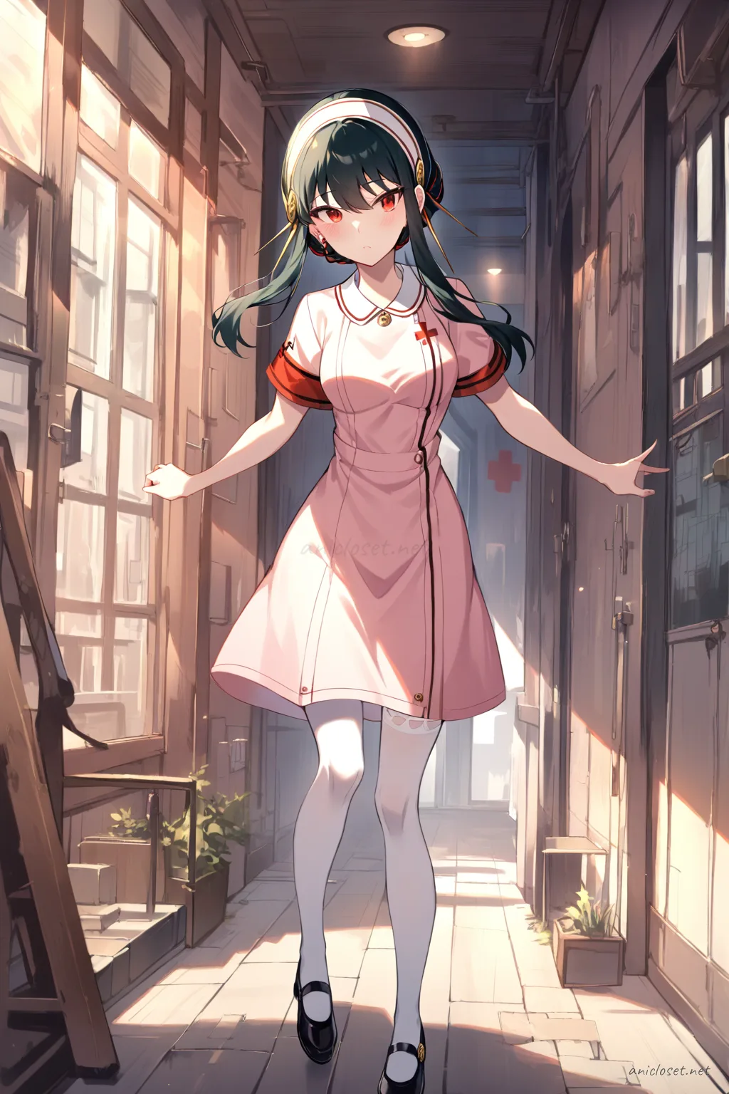 Illustration of Yor Forger wearing a moe nurse uniform dress with short hem, nurse cap, red cross armband, sheer white tights, and mary janes