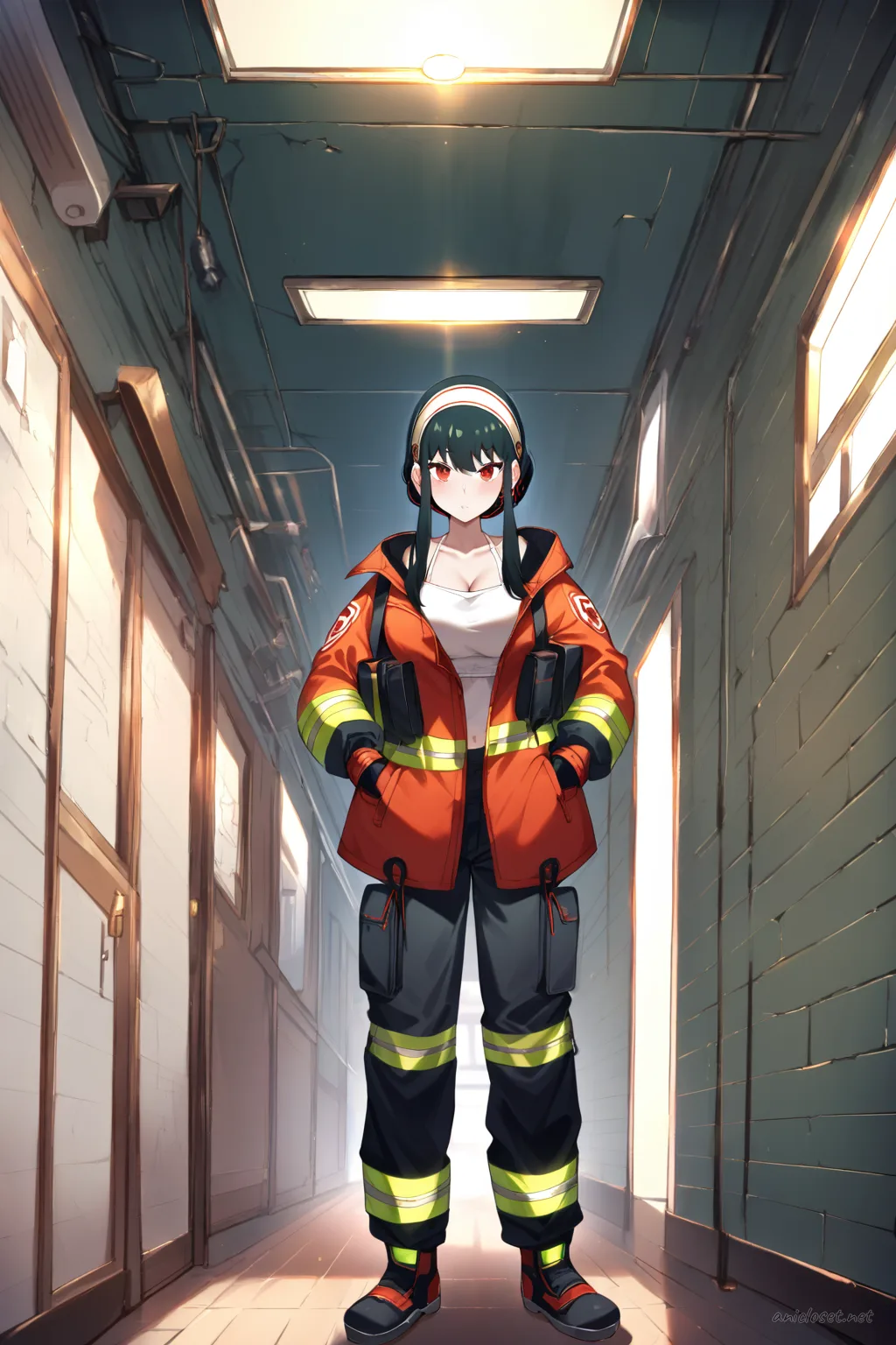Full body front view of Yor Forger in firefighter uniform with open turnout jacket, fitted tank, cargo shorts, boots, and helmet under arm