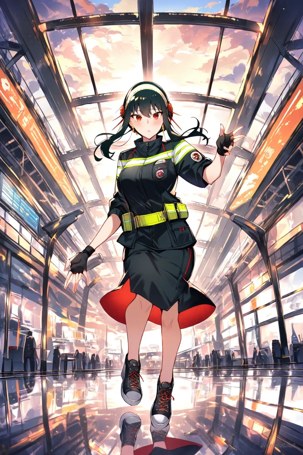 Illustration of Yor Forger wearing a fitted paramedic jacket with reflective stripes, short cargo skirt, utility belt, and low-top sneakers