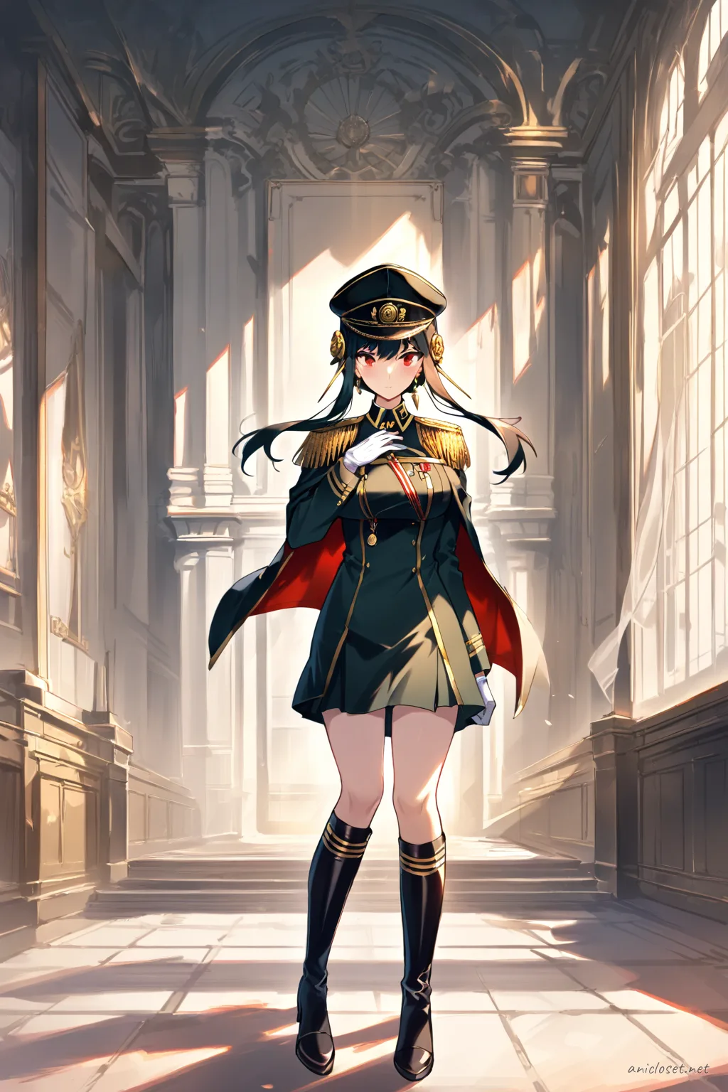 Full body illustration of Yor Forger wearing a fitted military jacket, pleated short skirt, peaked cap, white gloves, medal pins, and polished knee-high boots, standing