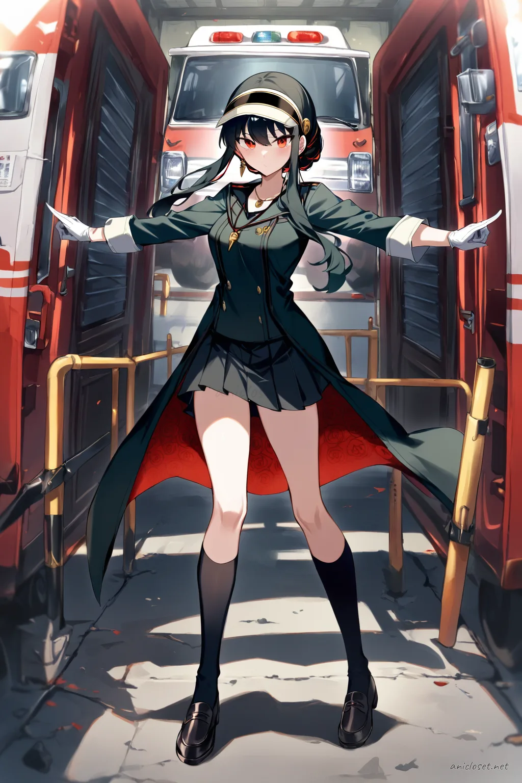 Full body front view of Yor Forger in navy jacket, short pleated skirt, navy cap, white gloves, whistle necklace, black loafers, and knee socks