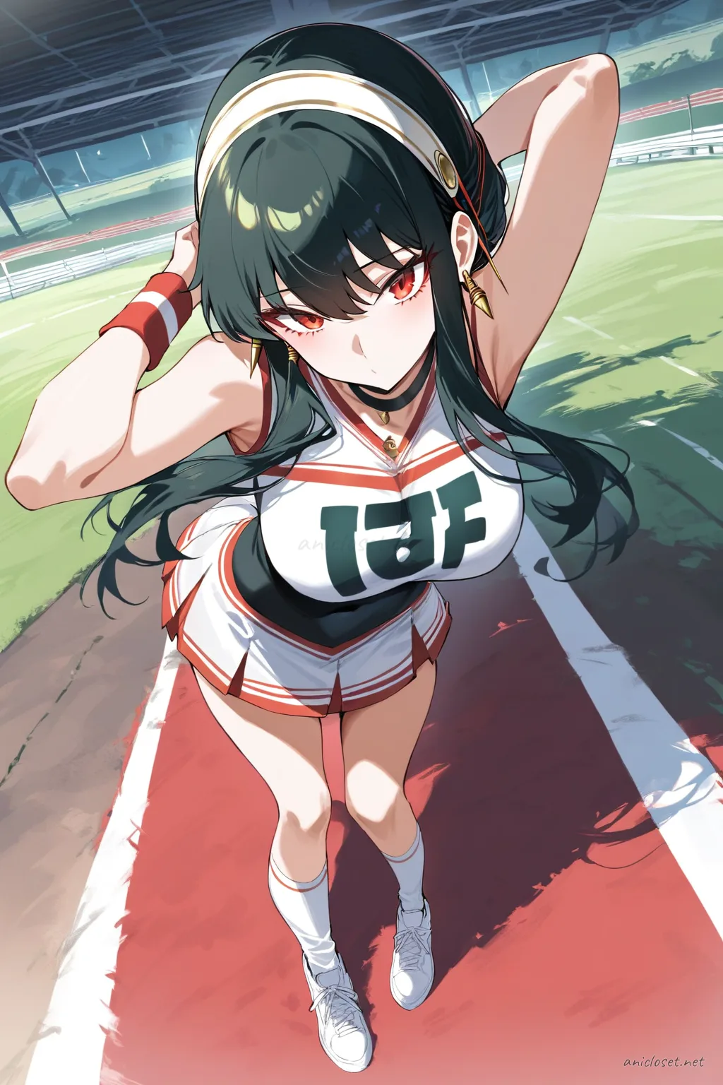 Full body illustration of Yor Forger in cheer squad uniform with fitted crop sweater, short pleated skirt, knee socks, and sneakers, standing