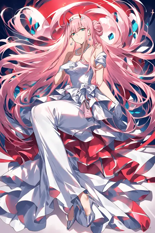 Knee-up half-body illustration of Zero Two wearing a floor-length satin evening gown with sweetheart neckline, slit skirt, long gloves, clutch purse, and delicate necklace under soft studio lighting