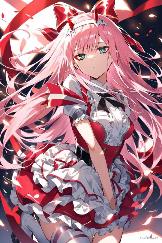 Full-body illustration of Zero Two in a frilly idol dress with a large stage bow, standing pose on clean studio background