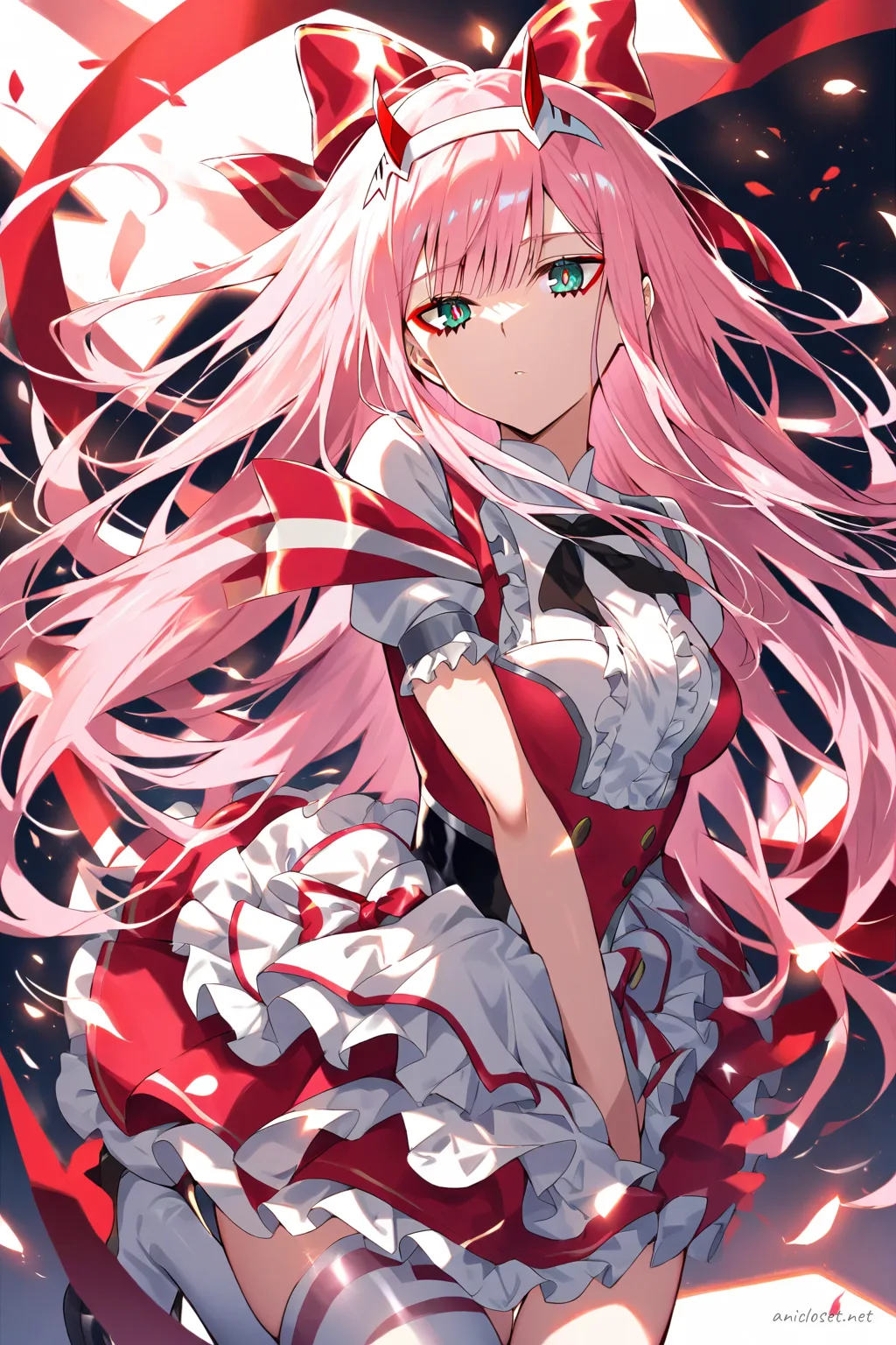 Full-body illustration of Zero Two in a frilly idol dress with a large stage bow, standing pose on clean studio background