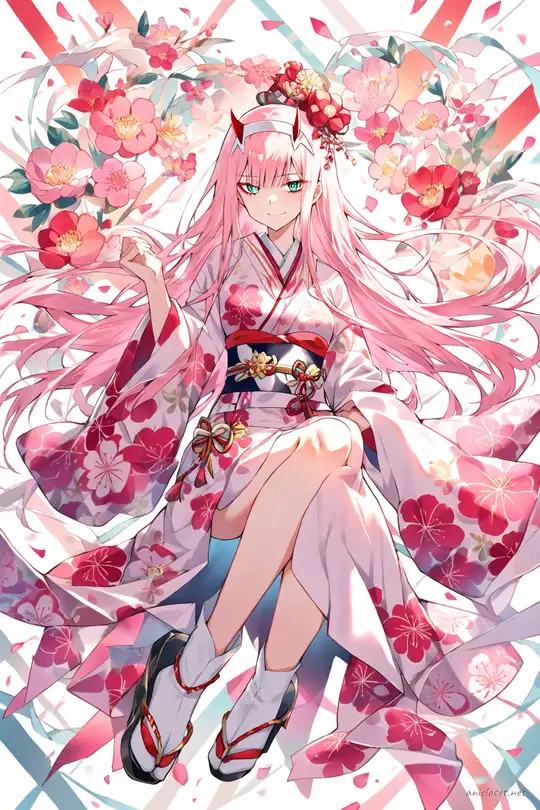Full-body three-quarter view illustration of Zero Two wearing a pink and white furisode kimono with floral patterns, ornate obi belt, and traditional accessories on a clean studio background